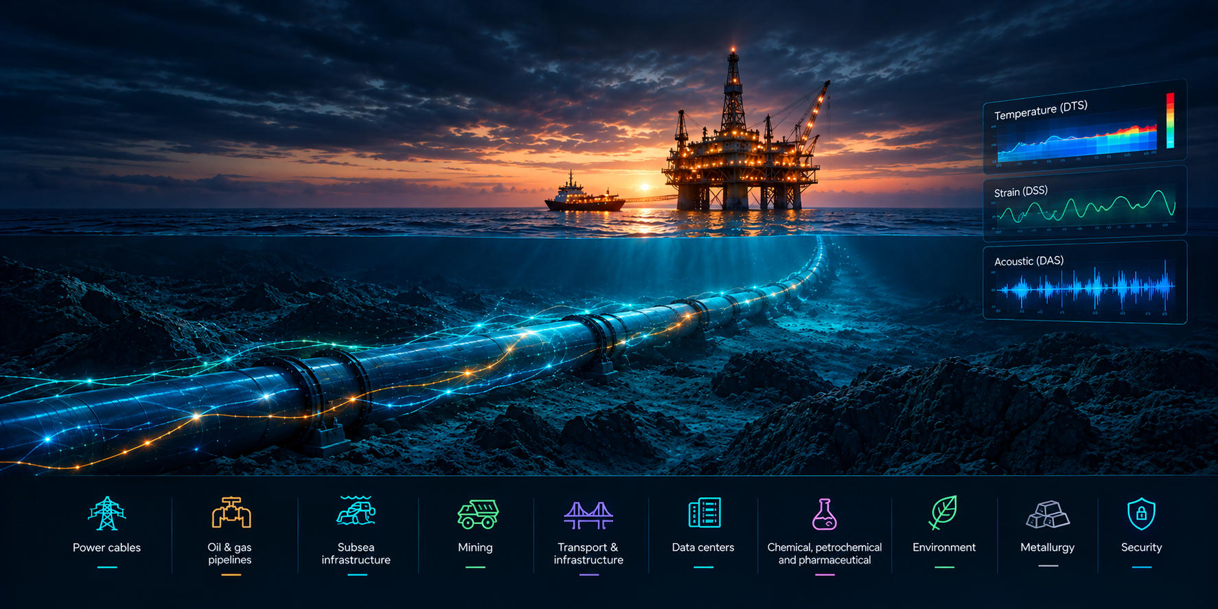 Distributed fiber optic sensing: DTS, DSS and DAS channels along a subsea pipeline